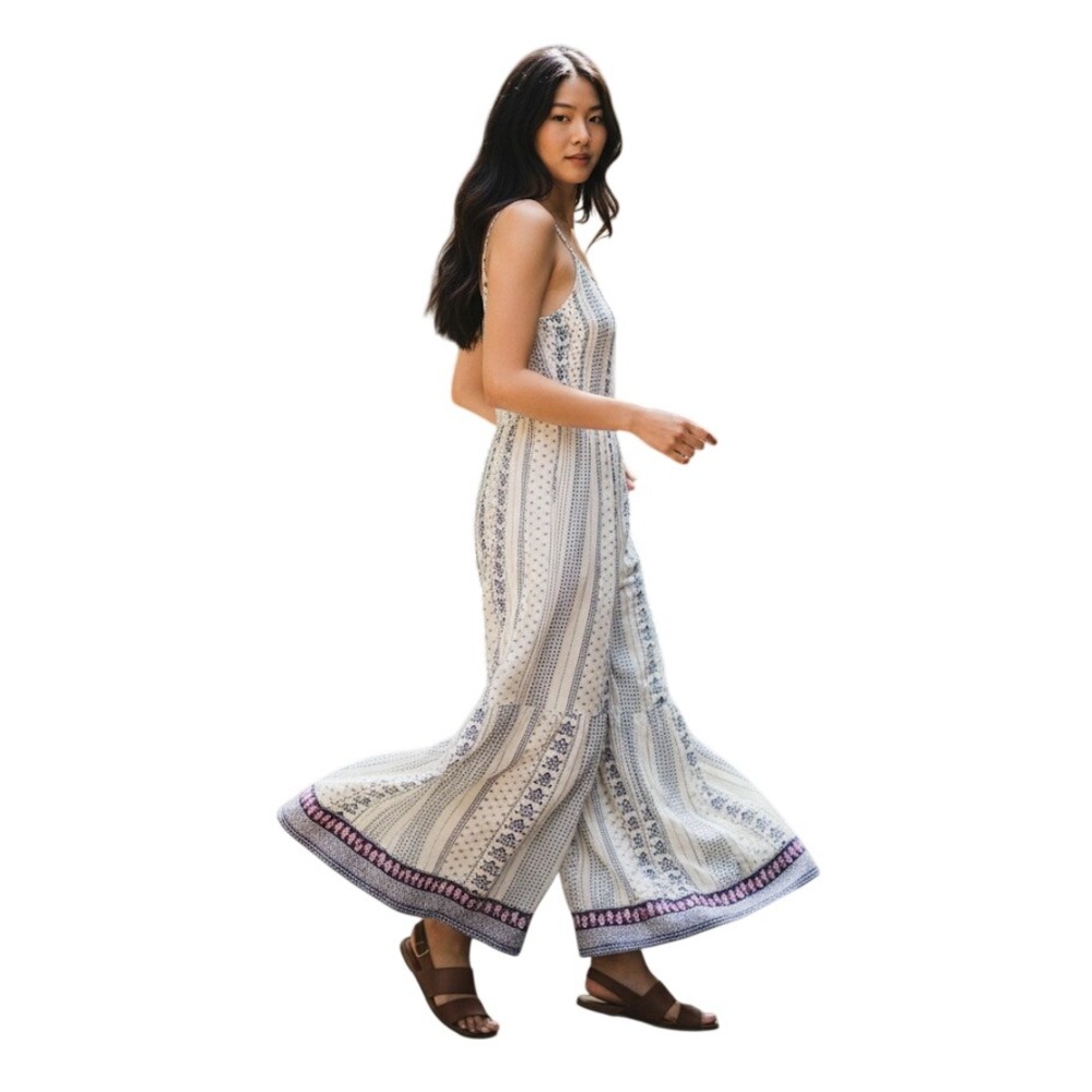 Angie Jumpsuit Women Size S White Blue Paisley Smocked Wide Leg Boho Summer